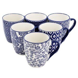 Declan 6-Piece 12 Oz. Assorted Design Stoneware Mug Set in Blue and White